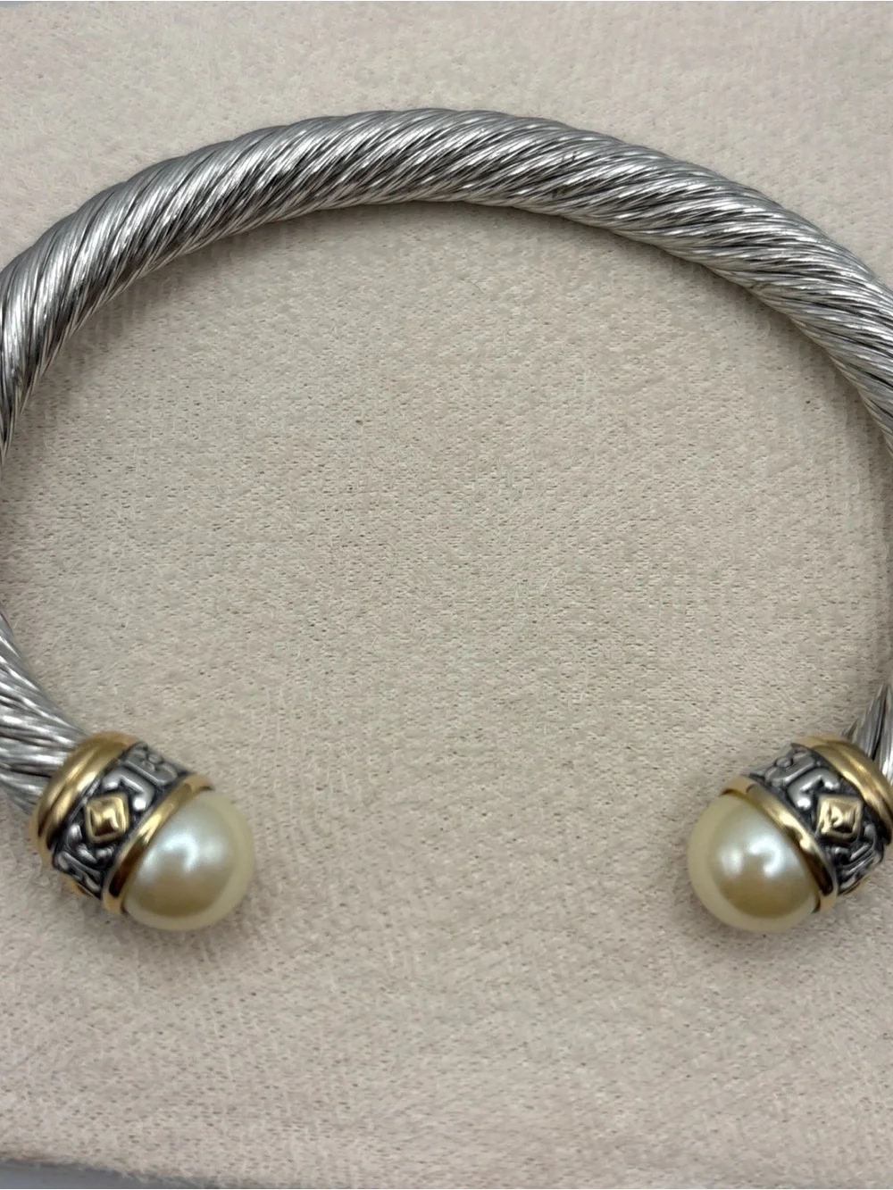 John Medeiros Cuff Bracelet with Pearl Caps and Gold Accents - Silver and Cream